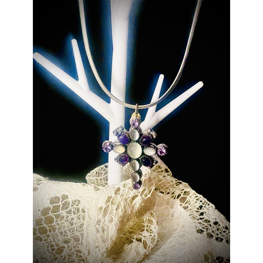 Vintage Heavy Moonstone, Amethyst Sterling Silver Herringbone Necklace 18"